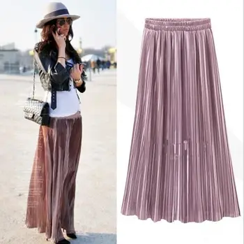 

Qooth Summer Autumn Pleated Skirt 22 Colors Womens Vintage High Waist green Skirt Solid Long Skirt Fashion Metallic Skirt qh2152