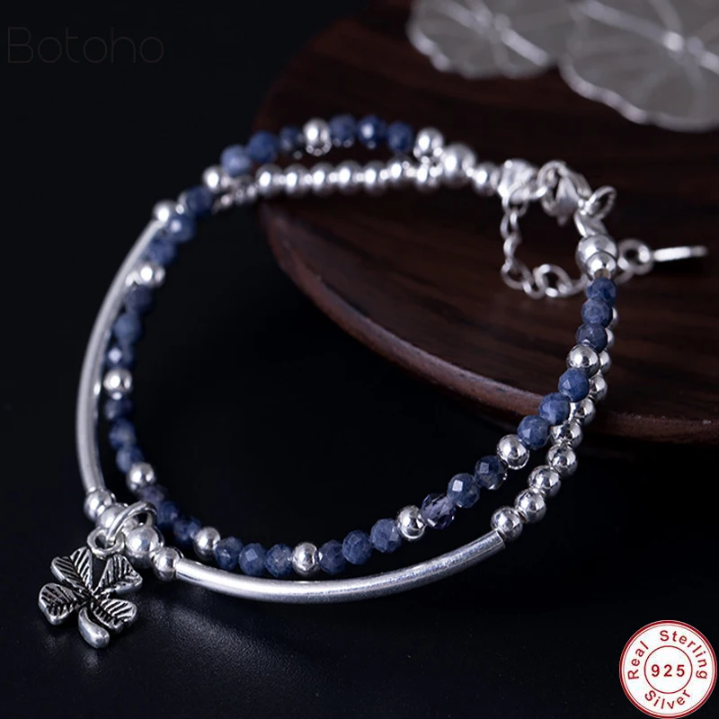 925 пробы Серебряный браслет ручной работы, винтажный браслет из натурального лаписа с шармом для женщин и мужчин, браслет для медитации и йоги