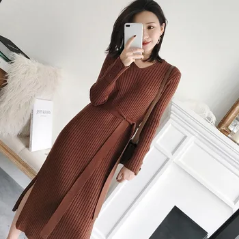 

Season Women's Wear Long Money Sweater Skirt Small Xiangfeng Long Sleeve Backing Inside Build Knitting Dress 8811