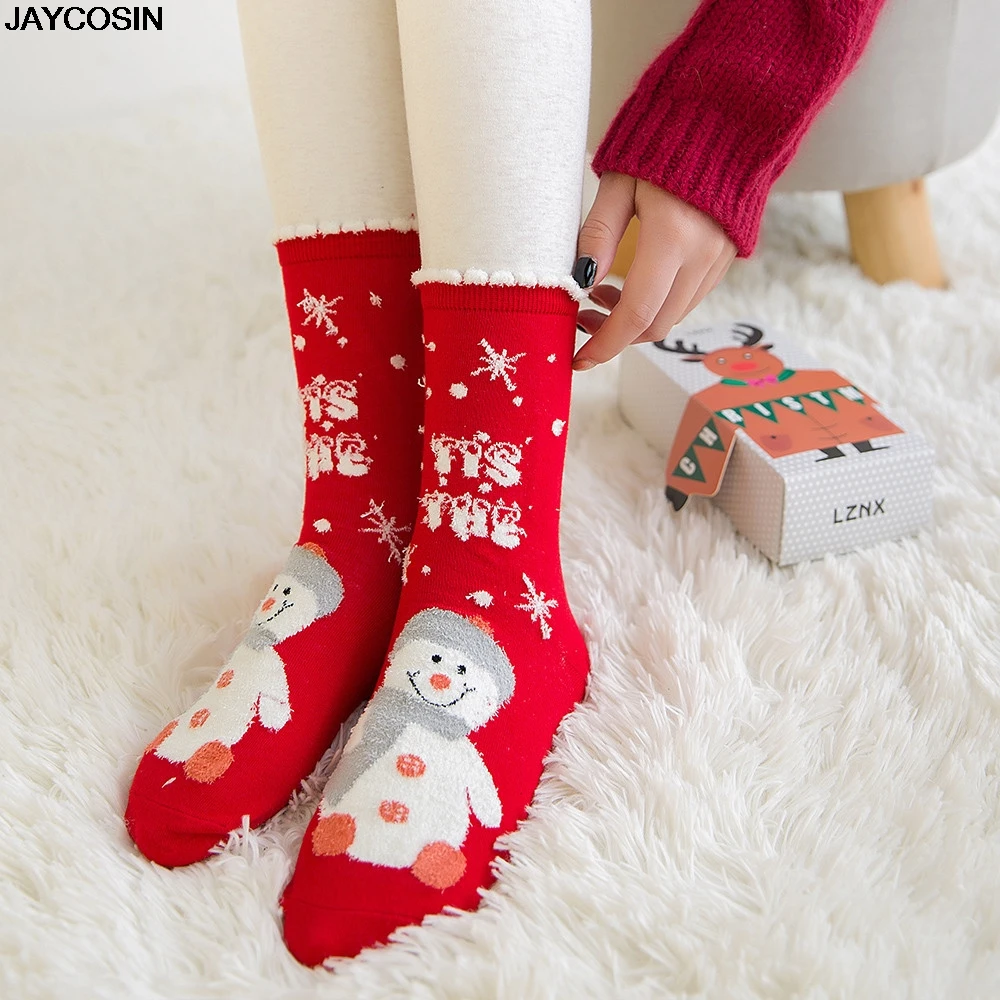 

JAYCOSIN Warm Sweat and Deodorant Old Man Elk Snowman Cotton Women's Socks In The Tube New Year Christmas Festive Red Sock 9909