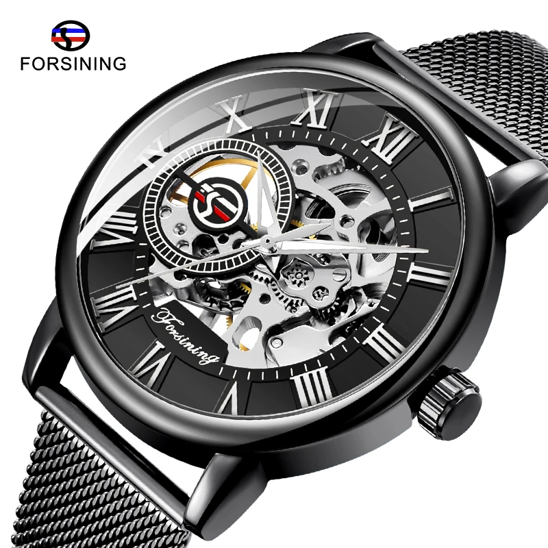 

FORSINING Brand Retro Men Watch Automatic Mechanical Watch Skeleton Mesh Bracelet Transparent Watches for Men Clock Gifts