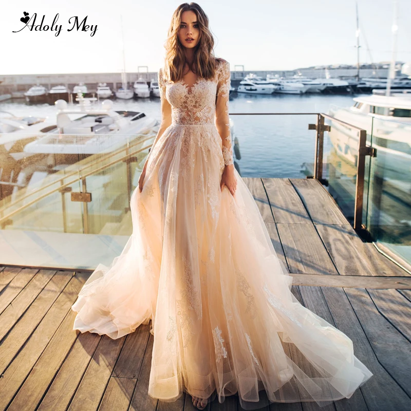 

Adoly Mey Charming Scoop Neck Long Sleeve A-Line Wedding Dresses 2020 Gorgeous Appliques Beaded Princess Bridal Dress Plus Size
