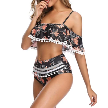 

New Women Tassel Swimwear Ruffle Swimsuits Sexy Floral Thong Tube Top Bodysuit High Cut Bikini Swimming Suit Female 2020 mujer