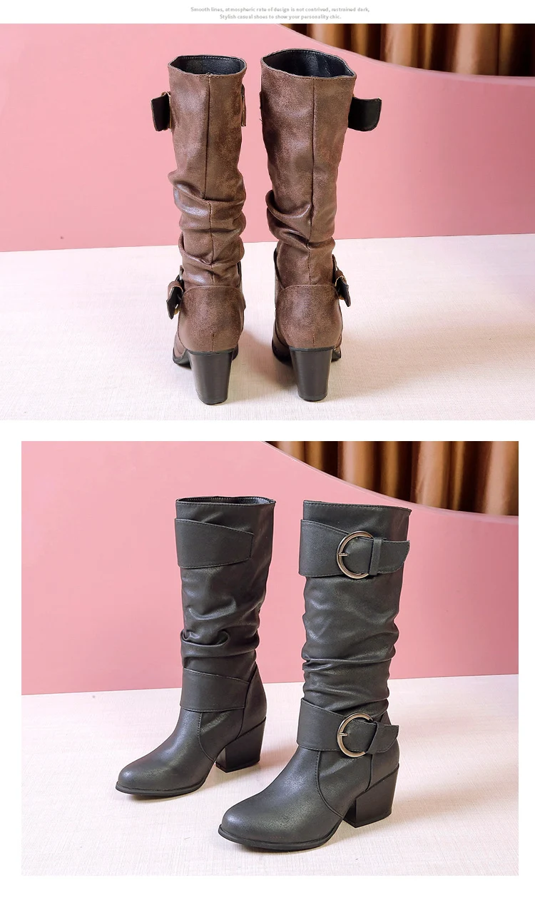 Новые винтажные зимние сапоги до середины икры из искусственной кожи женские зимние сапоги на меху, женская обувь на высоком каблуке ботинки черного и коричневого цвета, большие размеры