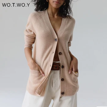 

WOTWOY Single Breasted Cashmere Cropped Cardigans Women Knitted Losse V-neck Sweaters Women Solid Casual Cardigans Female 2020