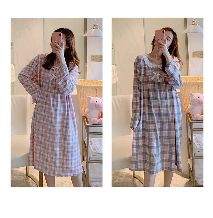 Spring Autumn Casual Plaid Cotton Nightgowns for Women Long Sleeve Loose Night Dress Home Dress Sleepwear Nightdress Nighty