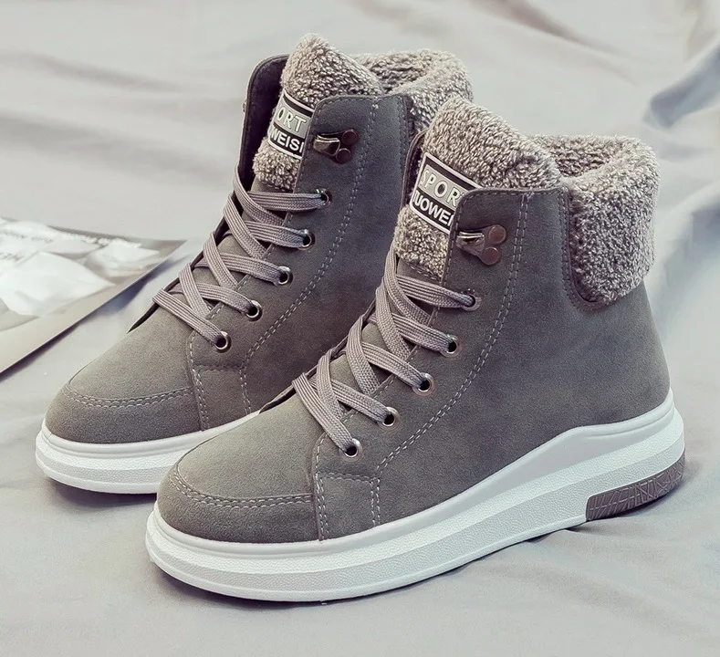 grey women boots Женские зимние ботинки; коллекция года; женские ботинки из флока; дышащие теплые плюшевые женские ботильоны; Модная Повседневная зимняя обувь на плоской платформе - Цвет: grey women boots