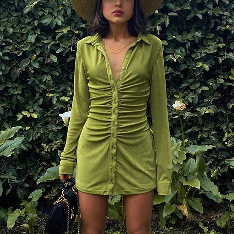 

Zoulv Green Orange Polo Drawstring Button V-neck Mini Dress Autumn Sexy Long-sleeved Holiday Casual Cardigan Skirt Vintage Dress