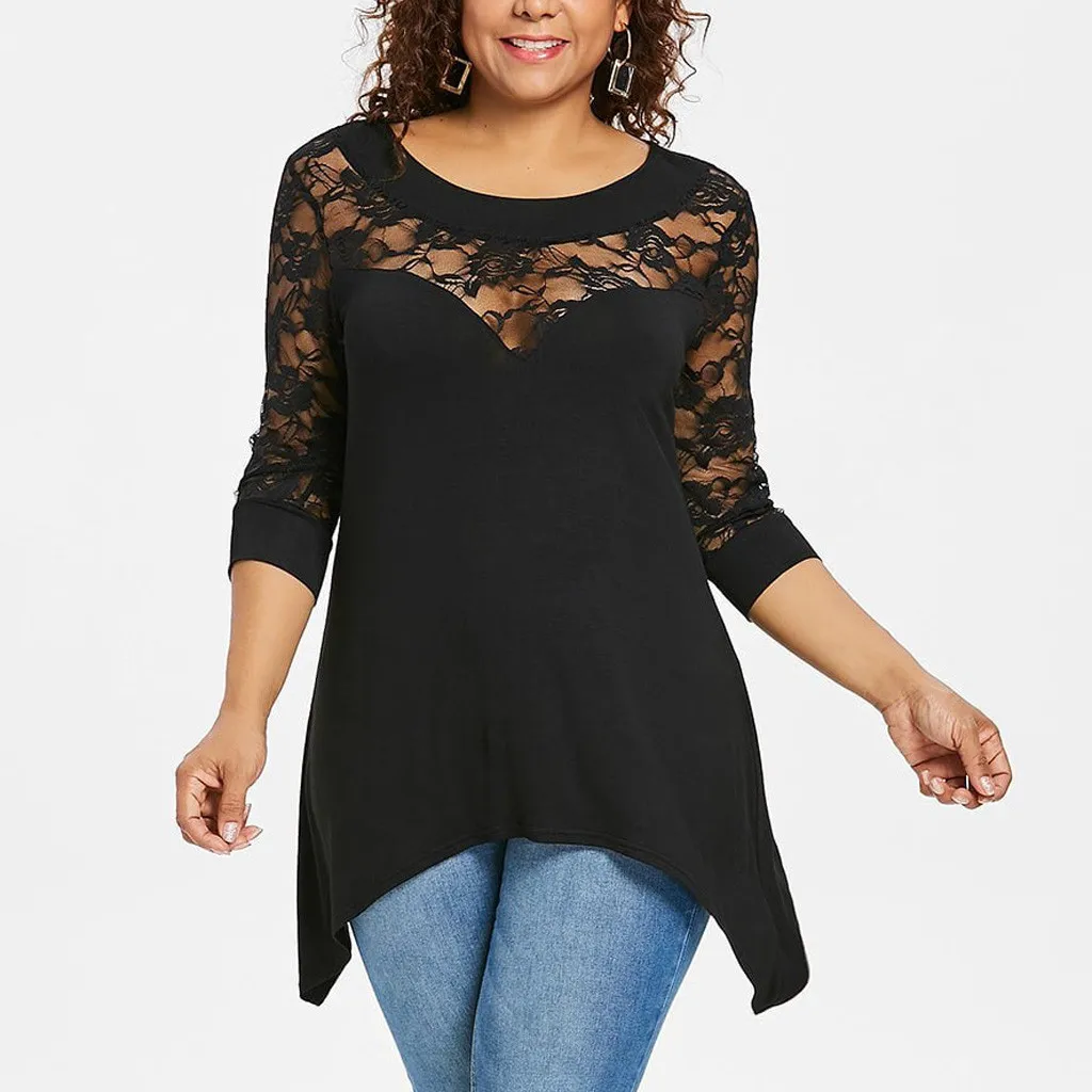 

2019 Women Tops Fashion Womens Plus Size Lace Three Quarter Sleeve Tops Blouse O-Neck Autumn Elegant Tops 8.19