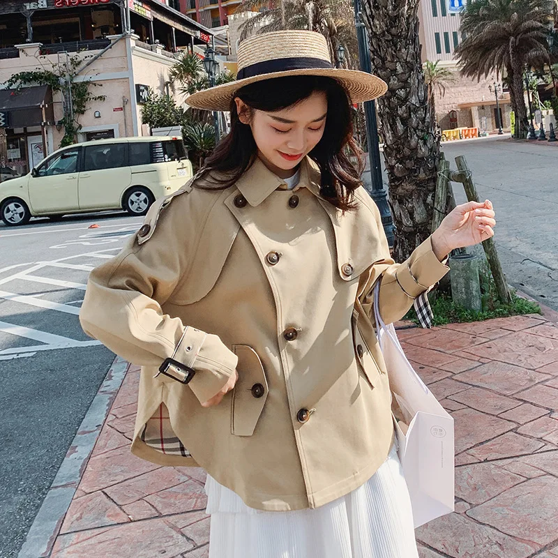 

new solid color long sleeve short trench coat ladies fashion sweet turn down collar coat female college style over coat D38
