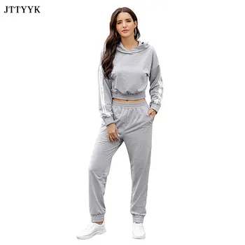

Casual Tracksuit 2pcs Women Set Hoodies Crop Top Sweatshirt+Side Stripe Pants Hooded 2 Pieces Sets Womens Stitching Sports Suit