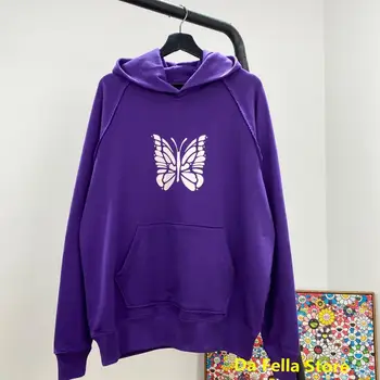 

Oversize Needles Hoodies 2020 Men Women Pure Color Butterfly Logo Printing Needles Sweatshirts Terry Cotton Pullovers