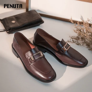 

2020 PENUTA Genuine Leather Low Heeled Shoes Women Metal Decoration Large Size 34-43 Brogue Shoes Slip On Fashion Pumps G0055