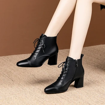 

Women Autumn Winter lace up Ankle Boots Square high Heeled Party dress Shoes Woman woman Side Zipper Short Boots