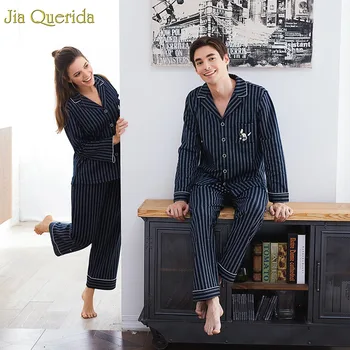 

Brand Couple Pajamas Cotton Cardigan Long-Sleeved Men and Women Pajamas Stripe Dog Embroidered Lapel Couple Home Suit Sleep Wear