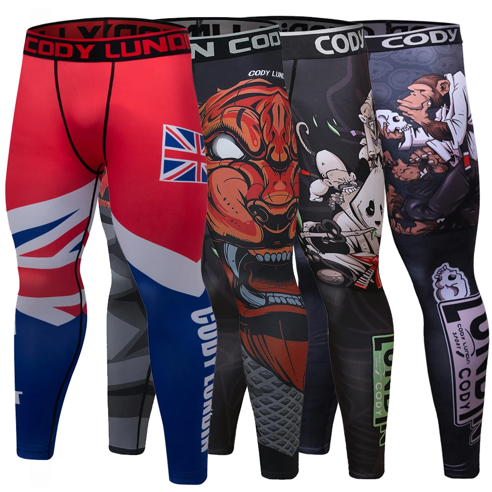 Mens sports pants Fitness Men Leggings Fashion Print Mid Waist Elastic Push Up Ankle Length Polyester Compression Jogging Pants