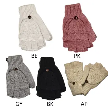 

Women Chunky Cable Knit Fingerless Mittens Winter Solid Convertible Touch Screen Half Finger Gloves with Flip Cover Hand Warmer
