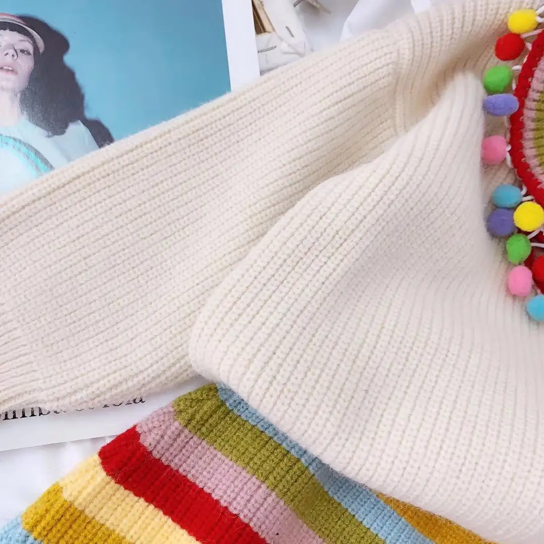 Babyinstar, модные детские комплекты радужной вязки для маленьких девочек, свитер с помпонами+ цветная вязаная юбка комплекты из 2 предметов детская одежда