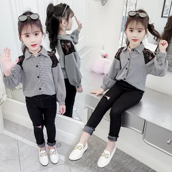 

New 6-10 years children's clothing girls baby spring and autumn stitching lace plaid shirt top + jeans fashion wild two-piece