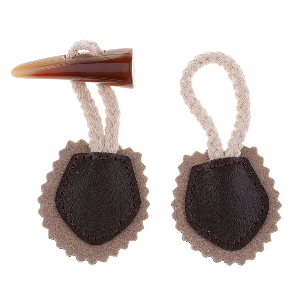 Khaki - 1 Pair Leather And HORN Toggle Button - Duffle Coat Clothes Fastener for Card Making, Scrapbooking Decor Embellishment