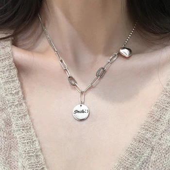 

Vintage Love Heart Round Card Thai Silver Pendants Necklace for Women Party Fashion Jewlery Clavicle Choker Sweater Necklace