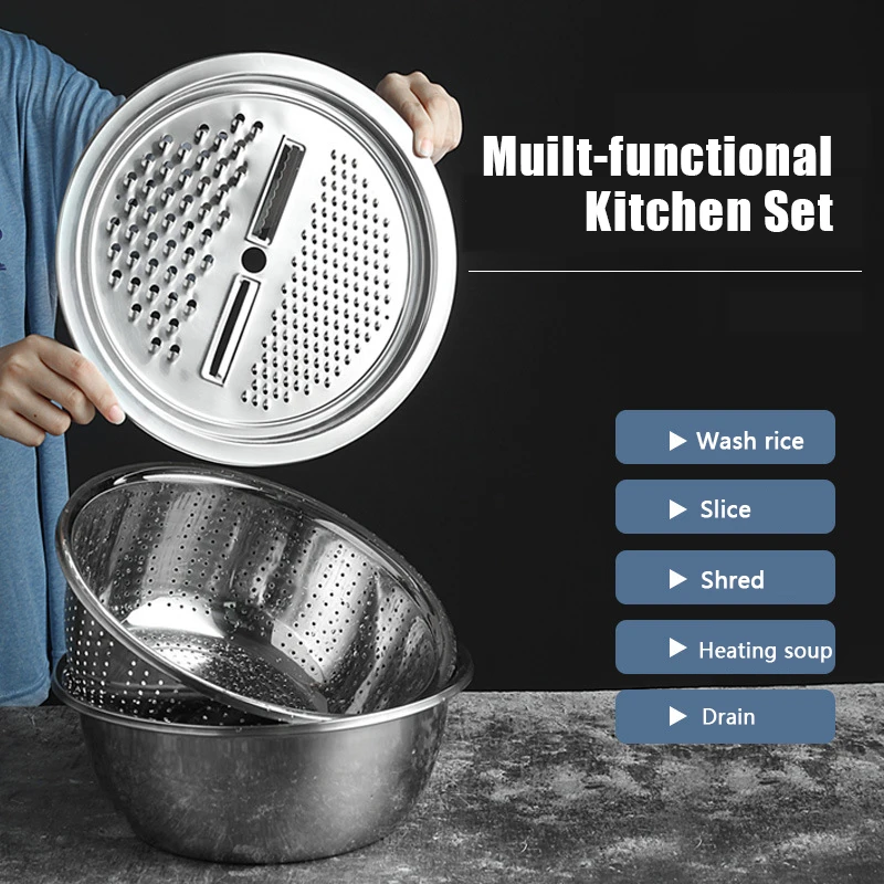 

3 in 1 Stainless Steel Drain Basket Kitchen Grater Multi-functional Vegetable Cutter Slicer Washing Filter Bowl with Drain Basin