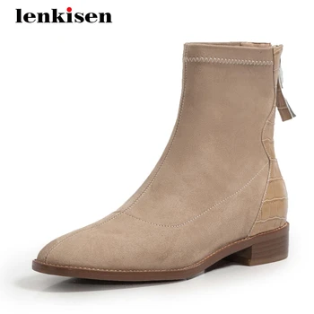 

Lenkisen leisure flock high quality winter shoes stone pattern round toe thick med heel zipper beauty lady dress ankle boots L22