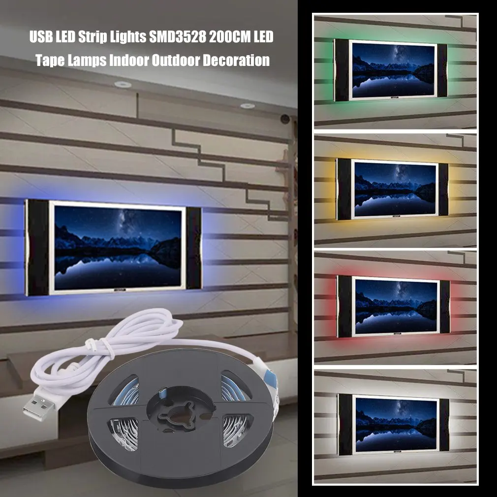 Светодиодная лента с USB SMD3528 200 см, гибкий светодиодный ленточный светильник, Рождественская уличная декоративная подсветка, фоновое освещение
