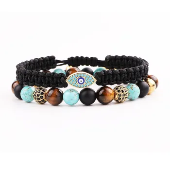 Men Bracelet Set High Quality New Design CZ Pave Eye Charm Natural Stone Bacelet Set For Men Jewelry Gift