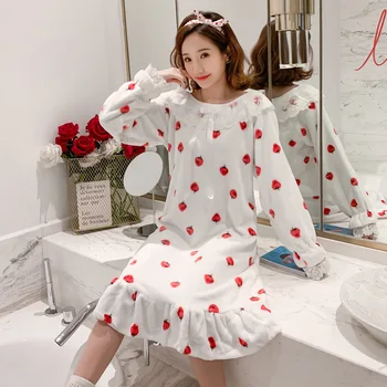 

Long-sleeve Coral Fleece Cute Cartoon Night Dress Nightwear For Women Female Sleepwear Loose Home для женщин Nightgown