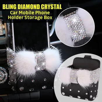 

Bling Diamond Crystal Car Mobile Phone Holder Storage Box Car Decor Accessories