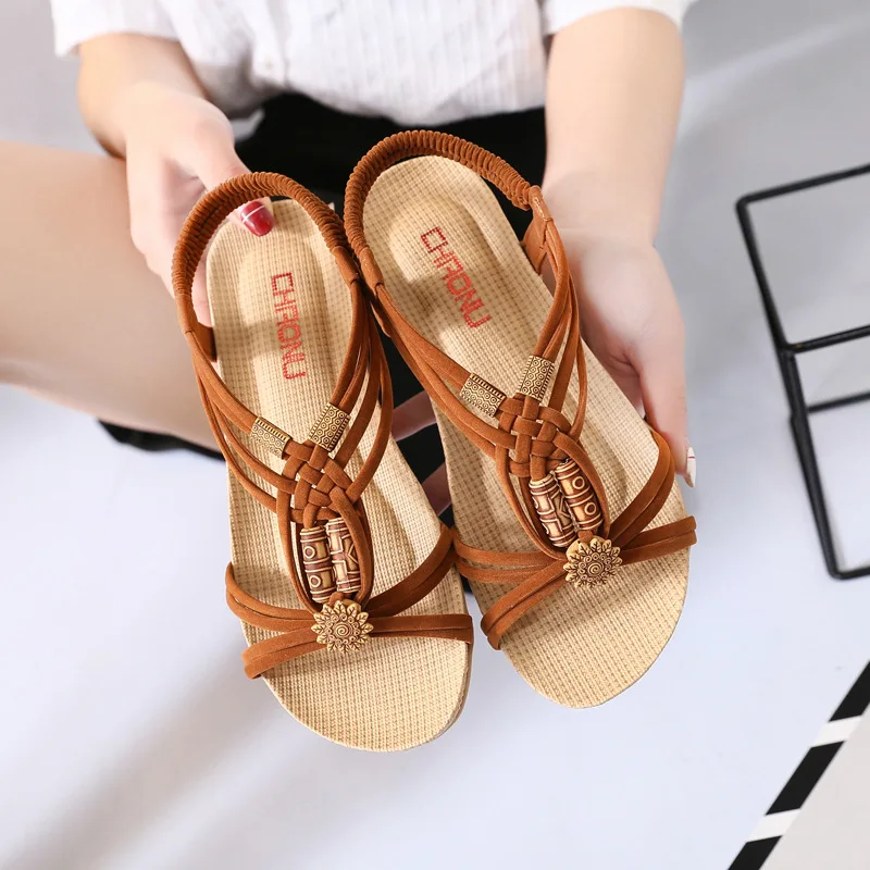 

Wedge Sandal Women's Summer Flat Students Korean-style New Style Bohemian Man-made Diamond Beaded Bracelet Semi-high Heeled Peep