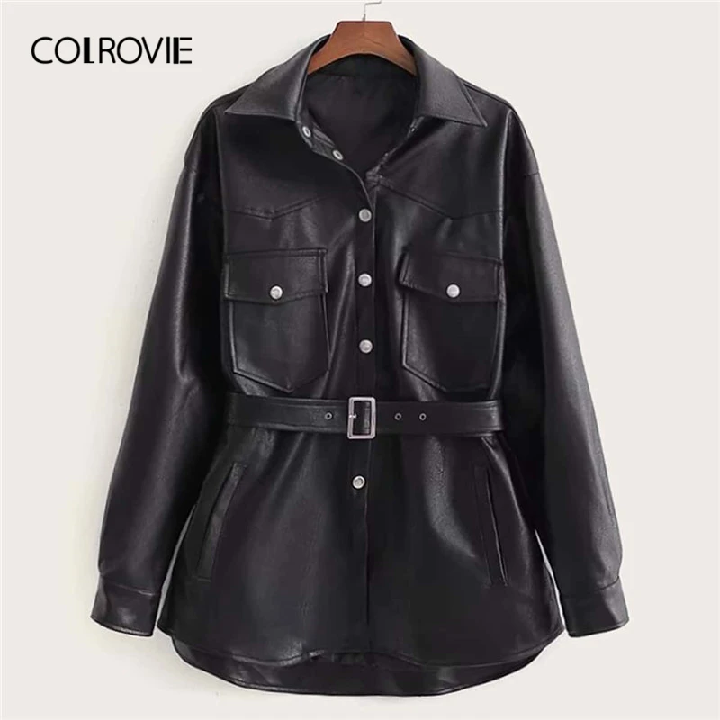 COLROVIE Черная куртка из искусственной кожи на пуговицах с передним клапаном и карманами с поясом для женщин, осень, уличная одежда, куртки, одноцветные повседневные пальто и верхняя одежда