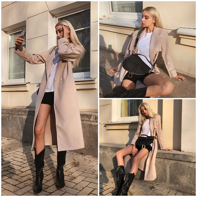 Simplee Wool blend winter tweed coat women Long sleeve elegant sash belt female outwear coat Autumn winter streetwear coat