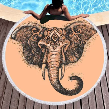 

3D Printed Large Beach Towel Hand-painted Elephant Beach Towel Microfiber Circular Tassel Beach Mat Tent Carpet