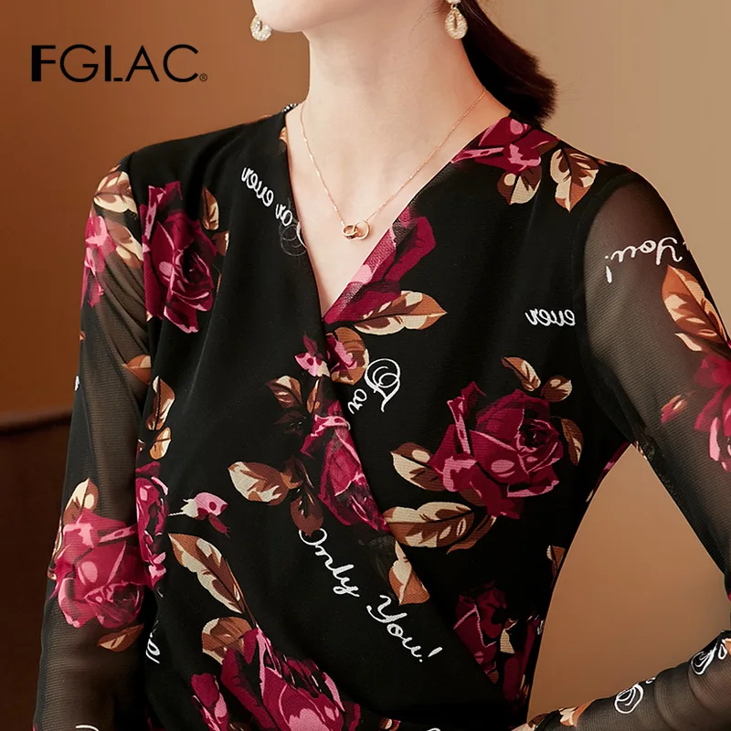 

FGLAC 4XL Women t-shirt New Fashion casual v-neck long sleeve Autumn tops Print plus size Mesh tops and shirt