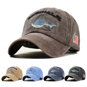 

Vintage Washed Denim Cap Embroidered Shark Baseball Caps Men Outdoor Fishing Cap Cotton Casual Female Hat