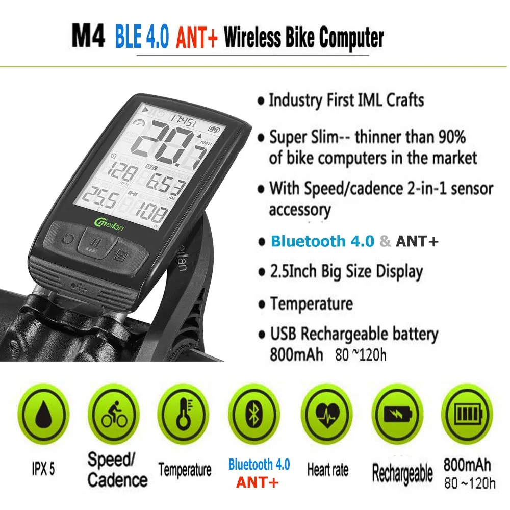 Meilan M4, беспроводной Велосипедный компьютер, велосипедный датчик скорости и каденции, велосипедный спидометр, одометр, поддержка сердечного ритма(не входит в комплект