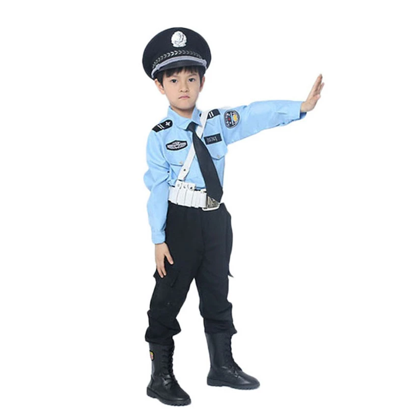 Kaufen 6 farbe Polizisten Cosplay Kostüme für Jungen Mädchen Karneval Halloween Kinder Polizei Uniform Kinder Verkehrs Armee Party Kleidung Set