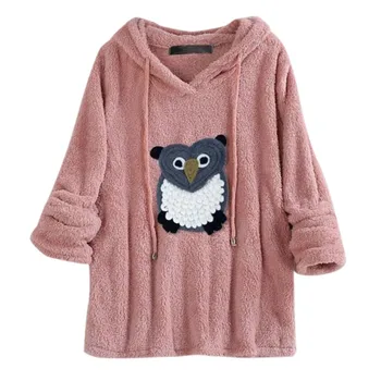 

Plus Size Women Hooded Cute Owl Printed Sweatshirts Long Sleeve Pachwork Casual Hoodie Femme Clothes d2