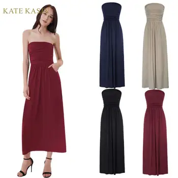 

Kate Kasin Strapless Dress Women Ruched Long Maxi Dress With Pockets Solid Color Dresses Summer Casual Sundress 2020 Vestidos