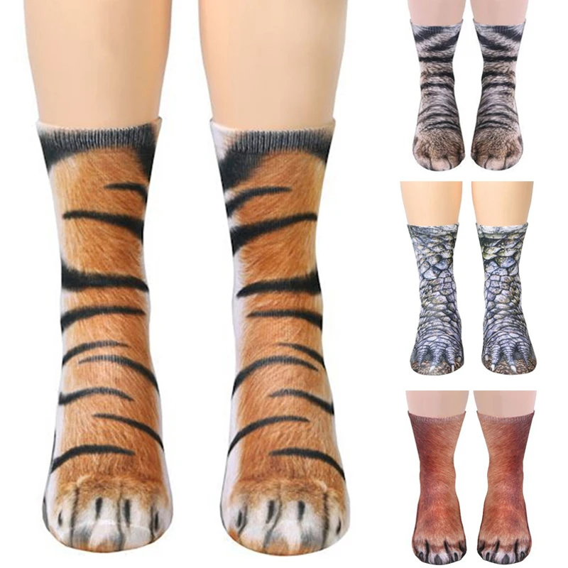 Unisex Adult Child 3D Print Animal Paw Socks Creative Funny Cat Dog Dinosaur Tiger Paw Socks for Boys Girls Casual