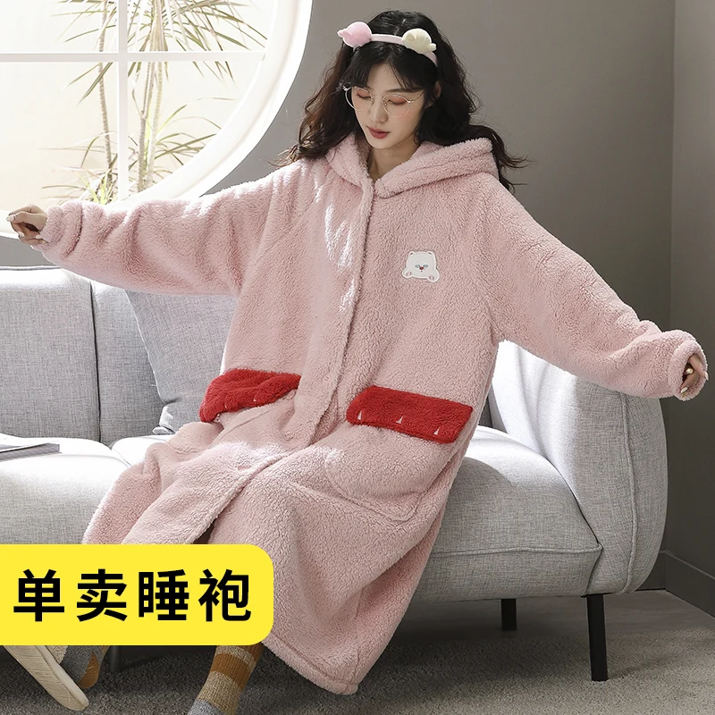 Pajamas Women's Autumn and Winter Coral Fleece Thickened Fleece Bathrobe Extended Nightgown Cute Cartoon Flannel Homewear