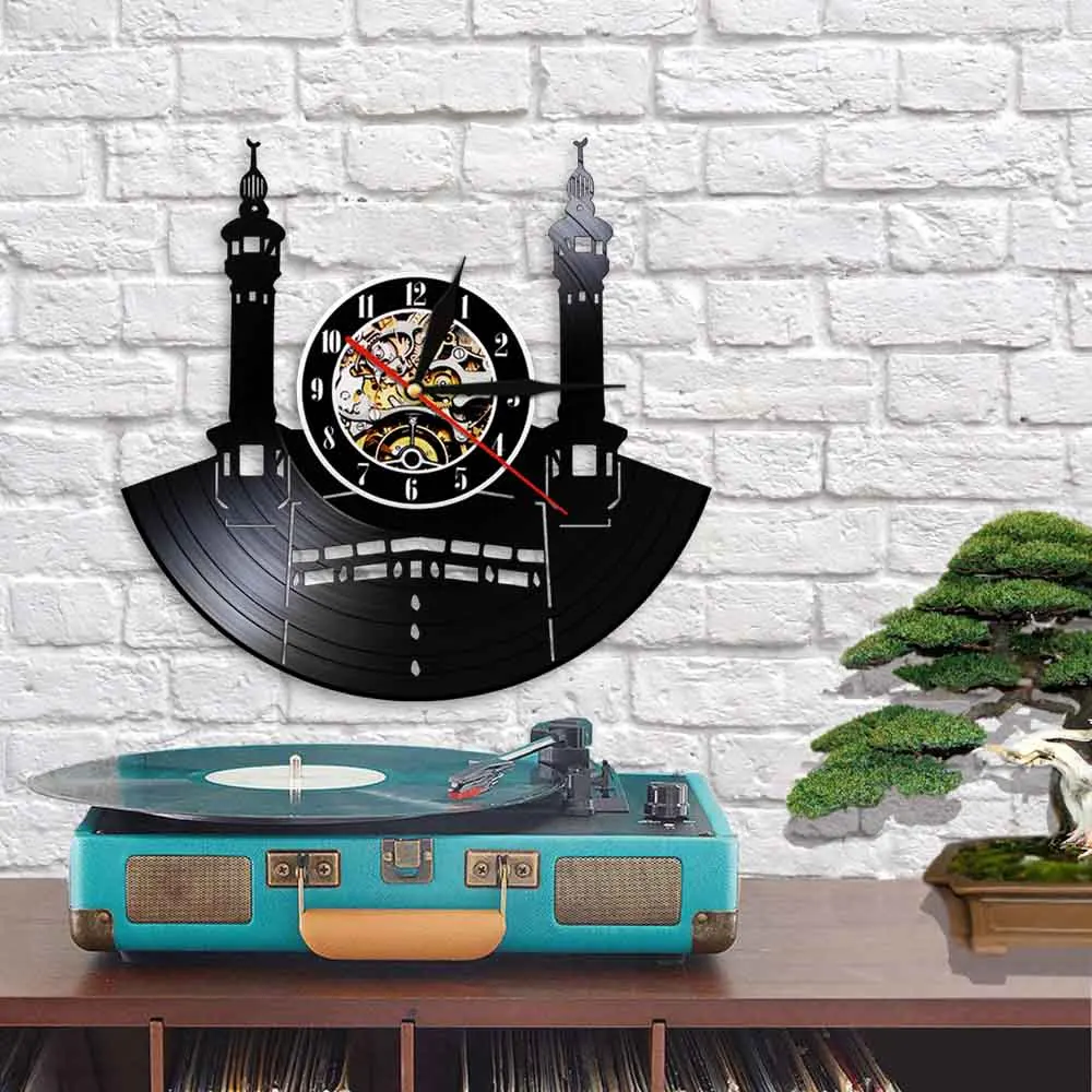 Известный город Мекка настенный знак Виниловая пластинка настенные часы исламские винтажные настенные часы Kaba мусульманская архитектура домашний декор часы подарок