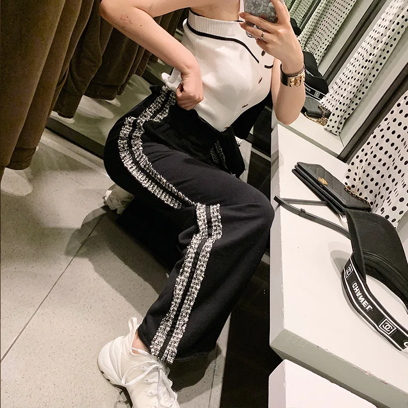 

Fall 2019 Street Trendy Lace Broad-legged Pants with Lower Back and Coloured Casual Pants Spliced Black Pants Women