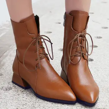 

Ankle Boots Short Plush Lining Women Shoes Lace-up Riding Boots New Simple Versatile Winter Pointed Flat Leather Big Size 34-42