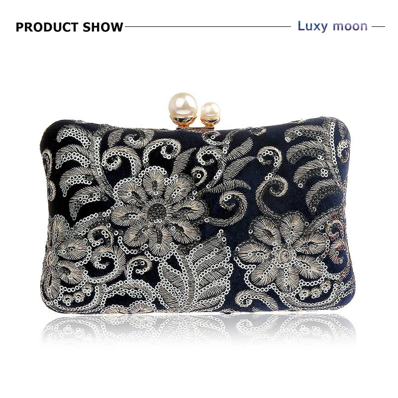 Винтажный клатч для женщин, темно-синий, черный, блестящий клатч, кошелек и сумочка, элегантный цветочный узор, сумка на плечо, ZD1360