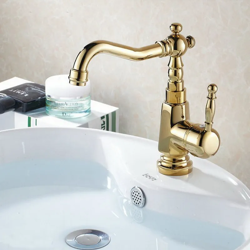  Swivel Spout Water Tap Polished Gold Color Brass Single Handle Single Hole Kitchen Sink & Bathroom  - 32821552430