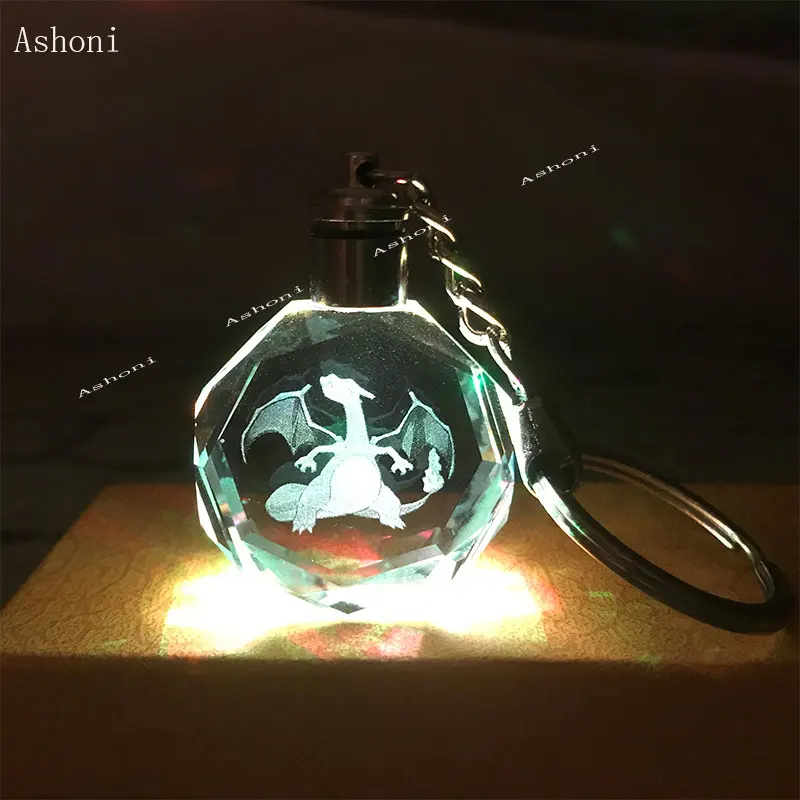Покемон Чаризард брелок K9 кристалл кулон брелок лазерная гравировка Вспышка Изменение цвета светодиодный светильник брелок детский подарок