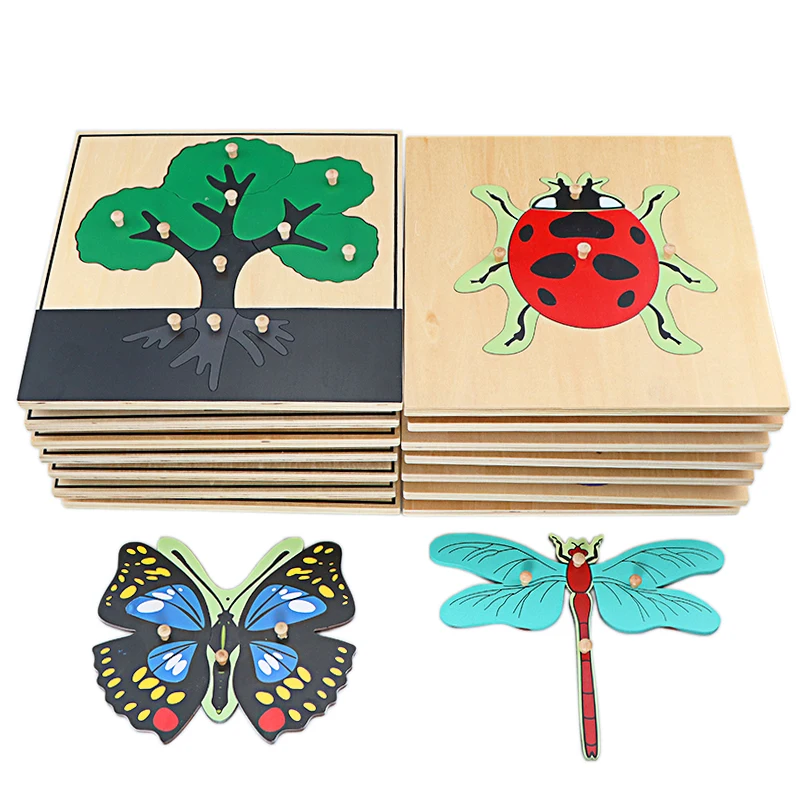 Montessori Science Toys Culture Instructions Animals Plants Insects Wood Mosaic Kindergarten Intelligence Toys for Children Gift kindergarten solid wood storage mongolian scotch pine cabinet log locker children storage rack finishing